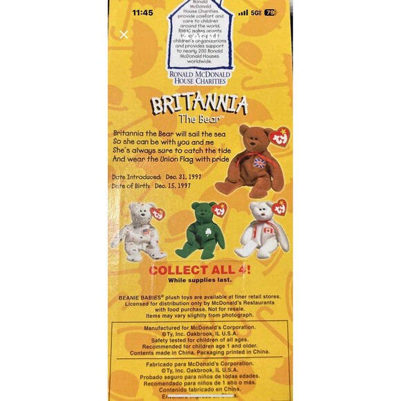TY McDonalds Beanie Baby Erin Maple Britannia Glory the Bear1999 FULL Set of 4 - Picture 4 of 12